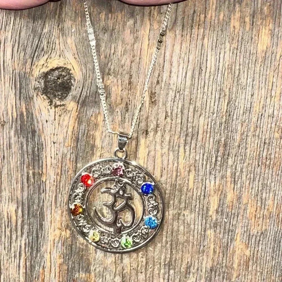 925 sterling silver chain,multi color stone pendant yoga Aum mediation - Picture 10 of 16
